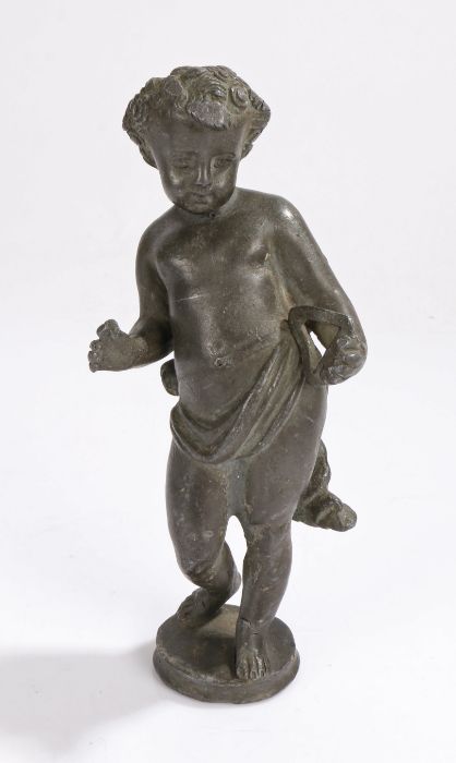 18th Century lead figure, of a boy standing with a triangle and a draped robe on a plinth base, 20cm - Image 2 of 4