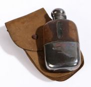 Edward VII silver and leather mounted clear glass hip flask, the bulbous bayonet fitting hinged