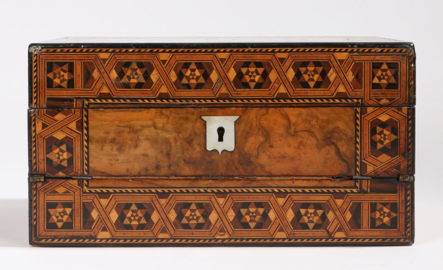 Victorian walnut and marquetry inlaid writing box, the hinged lid with mother of pearl cartouche