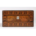 Victorian walnut and marquetry inlaid writing box, the hinged lid with mother of pearl cartouche