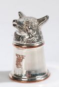 Silver plate on copper tot cup, the tapering cup with engraved lions head crest above the foot