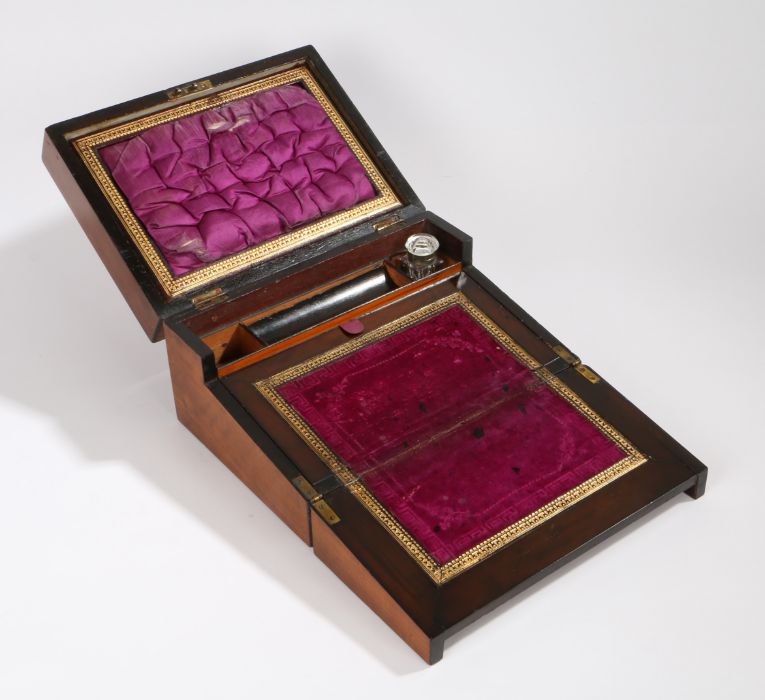 Victorian walnut and marquetry inlaid writing box, the hinged lid with mother of pearl cartouche - Image 3 of 3