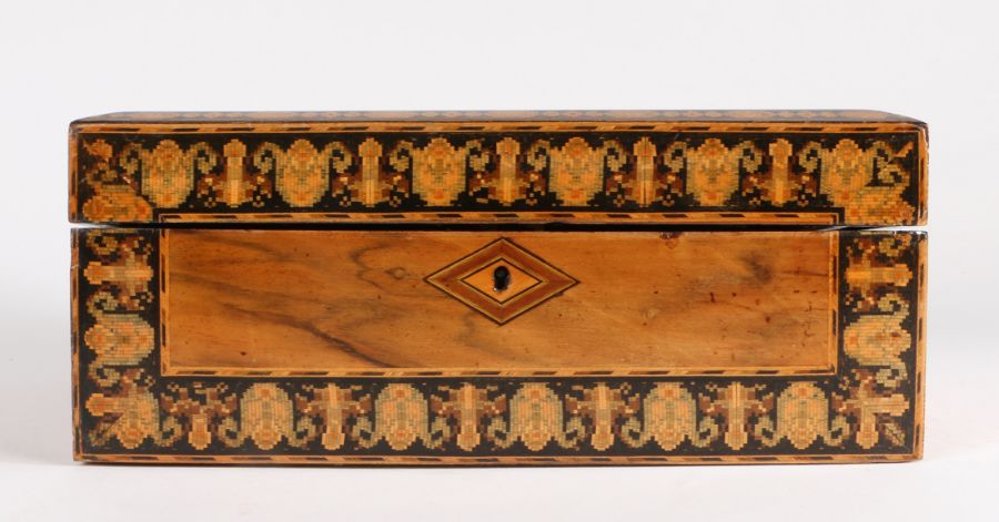 Victorian walnut and marquetry inlaid writing box, the hinged lid with diamond motif to the centre