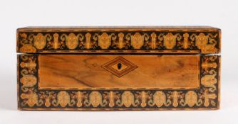 Victorian walnut and marquetry inlaid writing box, the hinged lid with diamond motif to the centre