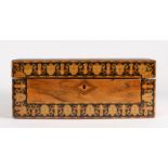 Victorian walnut and marquetry inlaid writing box, the hinged lid with diamond motif to the centre