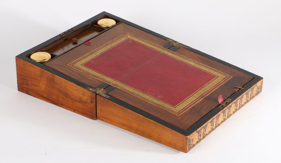 Victorian walnut and marquetry inlaid writing box, the hinged lid with diamond motif to the centre - Image 2 of 2