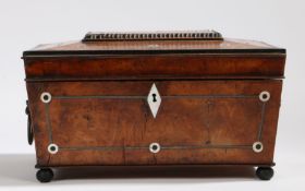 Regency rosewood and mother of pearl sewing box, the gadrooned lid with mother of pearl inlaid