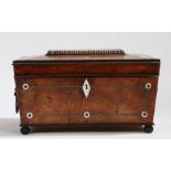 Regency rosewood and mother of pearl sewing box, the gadrooned lid with mother of pearl inlaid