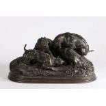 After Pierre Jules Mene, bronze, Three dogs at the fox hole, signed P J Mene, 38cm wide, 21cm high