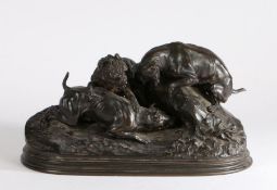 After Pierre Jules Mene, bronze, Three dogs at the fox hole, signed P J Mene, 38cm wide, 21cm high