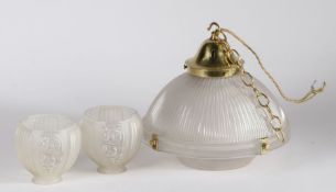 Early 20th century holophane light with it's original polished brass fittings, two 1920’s pressed