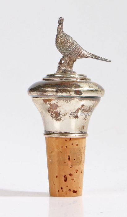 Elizabeth II silver bottle stopper with pheasant form terminal, Birmingham 2000, maker A J Poole,