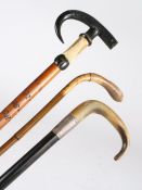 Swiss chamois horn and fur handled alpine walking stick, the cane engraved with the names of various