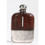 Substantial James Dixon & Sons hip flask, the bayonet cap above a crocodile skin mounted top section