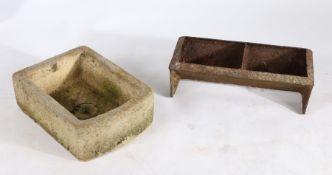 A stone sink, of rectangular from, 52cm long, together with an iron feeder, 61cm long, (2)