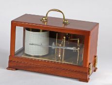 Mahogany and glass cased small brass barograph by the Gluck Barograph and Recorder Company Ltd. 32cm