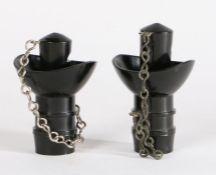 Pair of 1930's black Bakelite speaking tube mouthpieces, each with very loud original whistles on