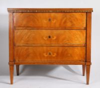 Late 19th Century French commode chest, the rectangular top above an inlaid frieze and three long
