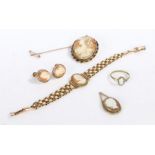 A set of rolled gold cameo jewellery, including a bracelet, a brooch, a pendant, a ring and a pair