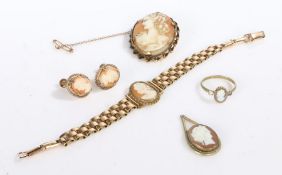 A set of rolled gold cameo jewellery, including a bracelet, a brooch, a pendant, a ring and a pair