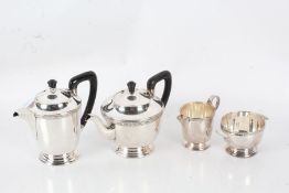 Silver plated four piece tea set, consisting of teapot, hot water pot, milk jug and sugar bowl,