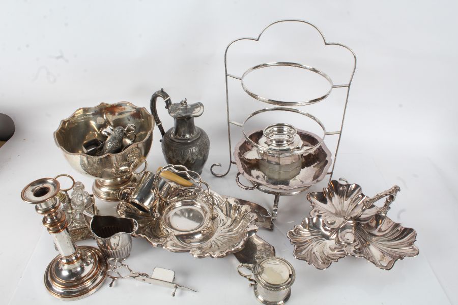 Silver plated ware, to include punch bowl, shell form dish, crumb scoop with silver collar, napkin