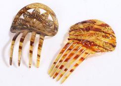 Two plastic tortoise shell combs, set with white stones in a floral decoration.