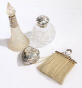 Two silver mounted scent bottles with cut glass bodies, silver lidded heart shaped dressing table