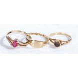 A selection of three 9 carat yellow gold rings.  Ring sizes from L, M 1/2, P. Gross weight 3.80