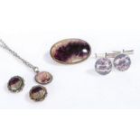 A sterling silver set of jewellery with blue john fluorite, including a necklace and pendant, a