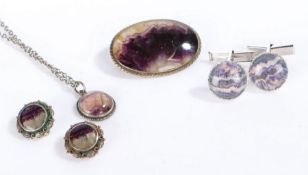 A sterling silver set of jewellery with blue john fluorite, including a necklace and pendant, a