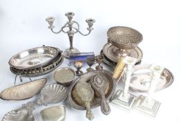 Silver plated ware, to include mussel shell form dish, rose bowl, candlestick, hair brushes etc. (