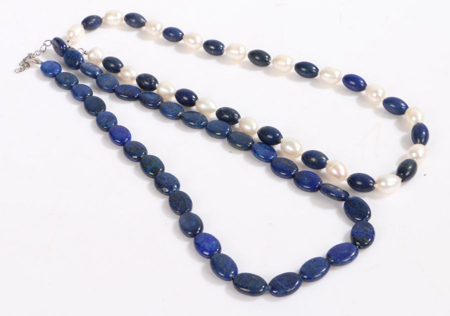 One beaded Lapis Lazuli necklace and one beaded Lapis Lazuli and pearl necklace, both with silver