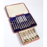 Set of six silver handled fruit knives and forks, housed in a fitted case, set of six Chinese