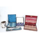 Silver plated ware to include cased set of mother of pearl handled serving implements, fish servers,