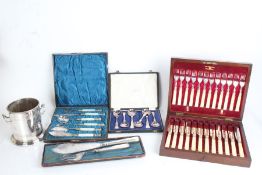 Silver plated ware to include cased set of mother of pearl handled serving implements, fish servers,