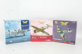 Three Corgi Aviation Archive models, Hawker Typhoon IB, P-47D Thunderbolt, and DH Mosquito FB VI,