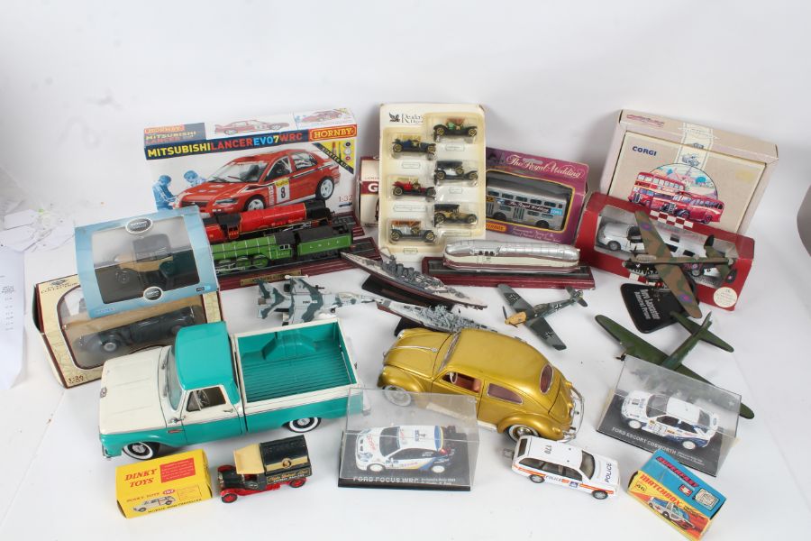 Collection of diecast model cars, boats, trains and planes, to include an as new Hornby Mitsubishi