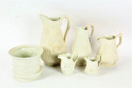 Six items of Portmeirion 'British Heritage Collection' parian ware, to include five jugs and a