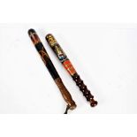 Two painted constabulary truncheons, one Victorian example depicting a crown and VR in gold with a