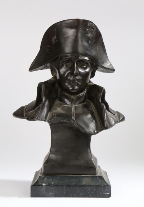 A bronze bust of Napoleon Bonaparte, signed Lecompte and numbered 82, raised on a marble base,