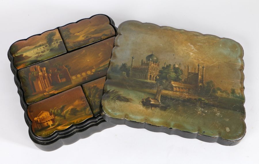 Victorian papier mache box by Jennens & Betteridge London, the shaped lid with depiction of an