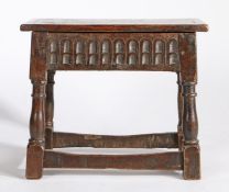 17th Century and later oak box stool, the rectangular hinged top above a thumb moulded frieze