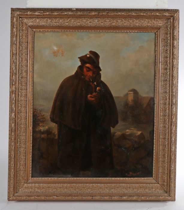 Van Beaver (19th century) Pipe smoking gentleman in hat & cape, landscape backdrop, signed (lower-