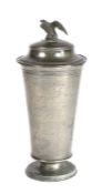 A large pewter lidded beaker, North German, dated 1845 The tapering drum elaborately inscribed,