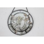 20th century circular glass panel with floral design with a lead edge monogrammed with DML to the