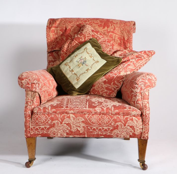 Howard and Sons style deep armchair, the stuff over button back above a stuff over seat flanked by