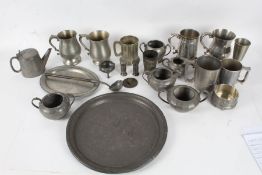 Collection of mostly pewter, to include jugs, tankards, teaset, tray etc., (qty)