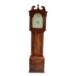 George III mahogany longcase clock, the broken scroll pediment with central brass orb, the arched