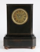 Victorian ebonised and brass banded mantel clock, the ebonised canted case with brass stringing, the